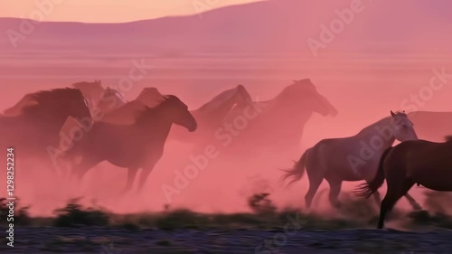 A herd of wild horses gallops through a dusty landscape at sunset, creating a dramatic silhouette against the warm pink sky.