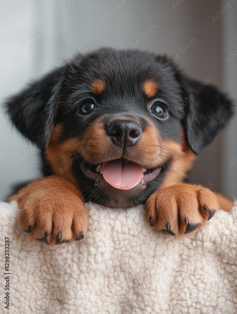 Portrait of Rottweiler puppy, Doberman Pinscher, puppy dog sit and smile cheerful Portrait of Rottweiler puppy, Doberman Pinscher, puppy dog sit and smile cheerful