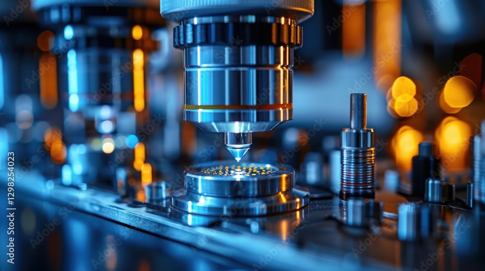 Close-up of advanced scientific equipment, a microscope focusing on a microchip, showcasing technological precision and innovation in a high-tech laboratory setting. Close-up of advanced scientific equipment, a microscope focusing on a microchip, showcasing technological precision and innovation in a high-tech laboratory setting.