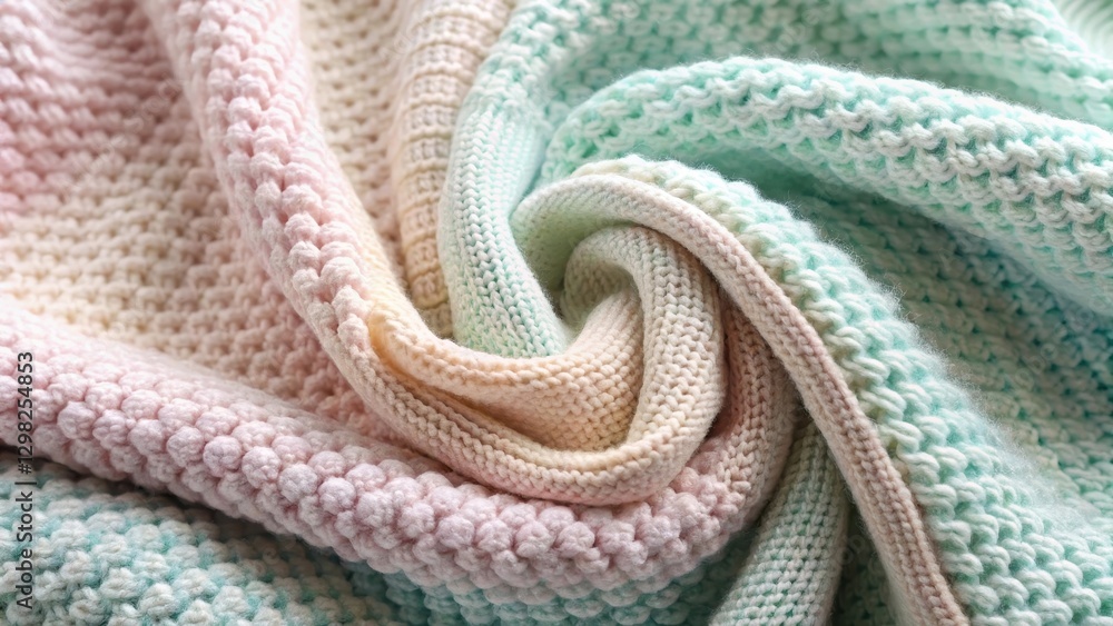 Fototapeta premium Soft Pastel Knitted Fabric Swirled Texture Detailing Various Knit Stitches and Color Transitions