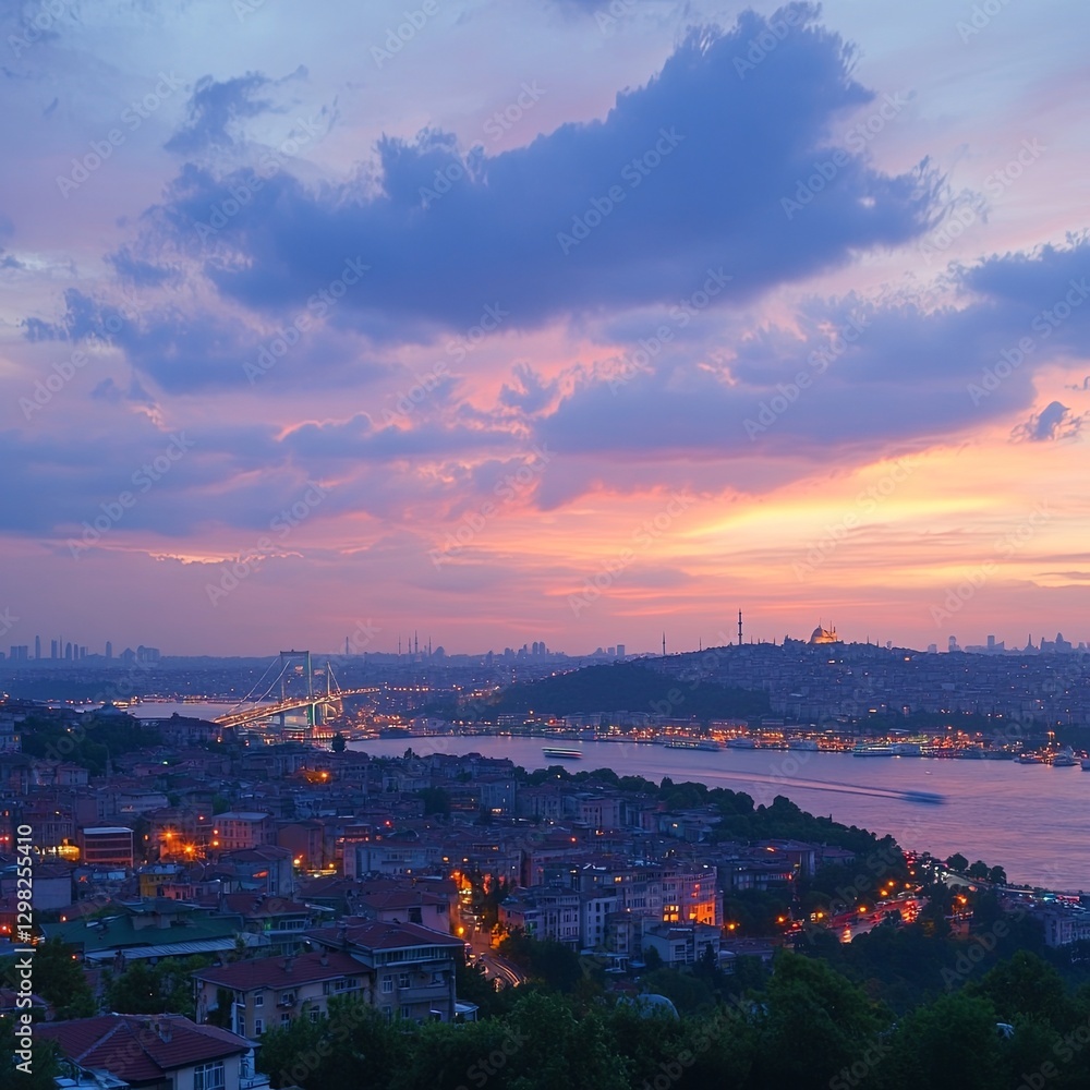 Obraz premium Istanbul view. Wide angle view of Istanbul and Bosphorus Bridge with cloudy sky at sunset. Selective focus.