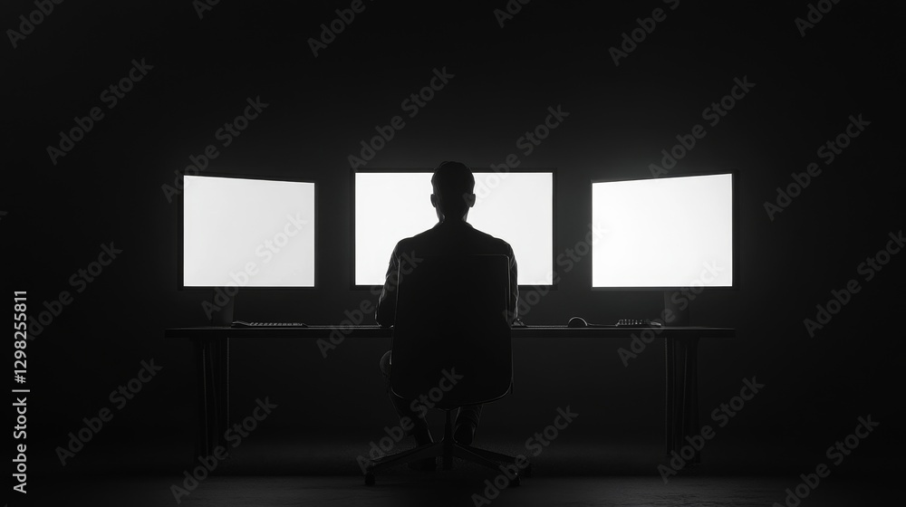 A man sits at a desk with three computer monitors in front of him A man sits at a desk with three computer monitors in front of him
