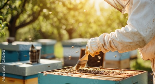 Beekeeper in protective gear tending beehives sunlit orchard