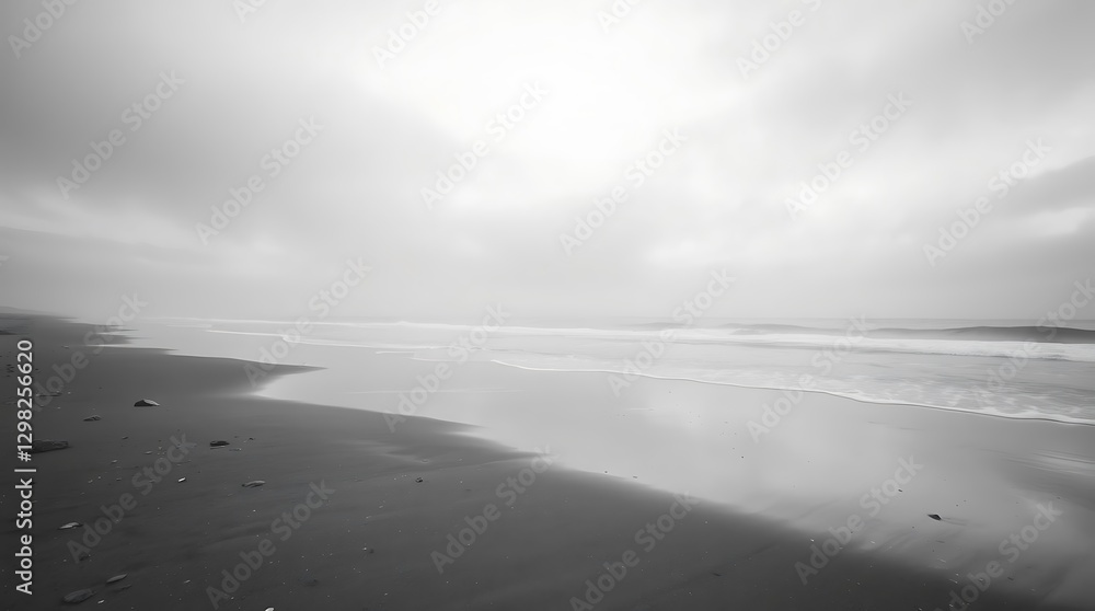Grayscale, minimalist beach scene, calm ocean waves, smooth sand, overcast sky, tranquil atmosphere, low contrast, moody seascape, empty shoreline, hazy horizon, subtle textures, ethereal landscape, s Grayscale, minimalist beach scene, calm ocean waves, smooth sand, overcast sky, tranquil atmosphere, low contrast, moody seascape, empty shoreline, hazy horizon, subtle textures, ethereal landscape, s