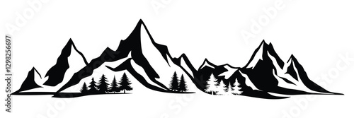 Silhouette mountain range and forest isolated on white background, vector design