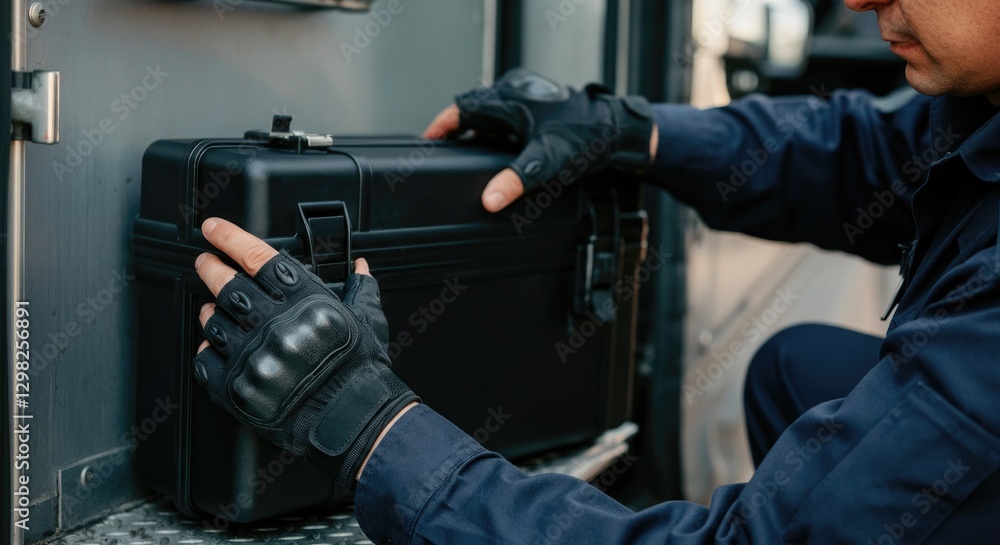 Security personnel handling secure case, wearing protective gloves Security personnel handling secure case, wearing protective gloves