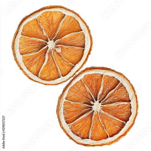 two dry / dried slices of orange, isolated design element for your food, Christmas / holidays or winter themed scenes, top view / flat lay, subtle  