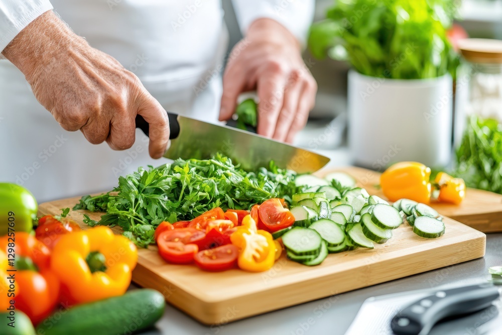 Chopping Fresh Vegetables On A Wooden Cutting Board Chopping Fresh Vegetables On A Wooden Cutting Board