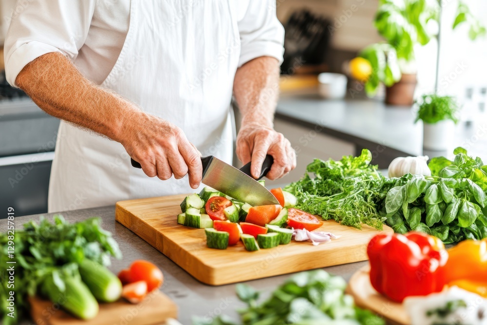 Chef Preparing Colorful Vegetables On Cutting Board Chef Preparing Colorful Vegetables On Cutting Board