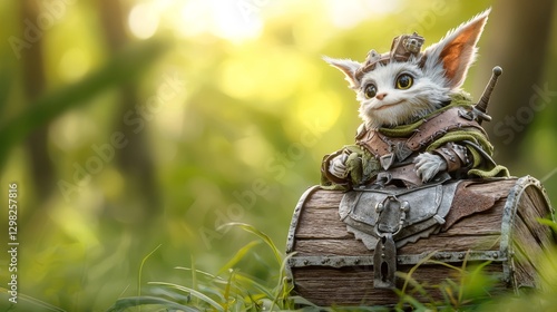 Adorable Fantasy Creature Sitting on Treasure Chest in Sunlit Forest