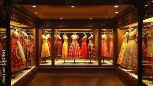 A modern boutique showcasing luxurious Indian wedding dresses on elegant mannequins with warm ambient lighting.