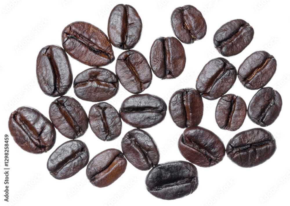 Fototapeta premium Close up flat lay view of many brown roasted coffee beans with fine details isolated on white background