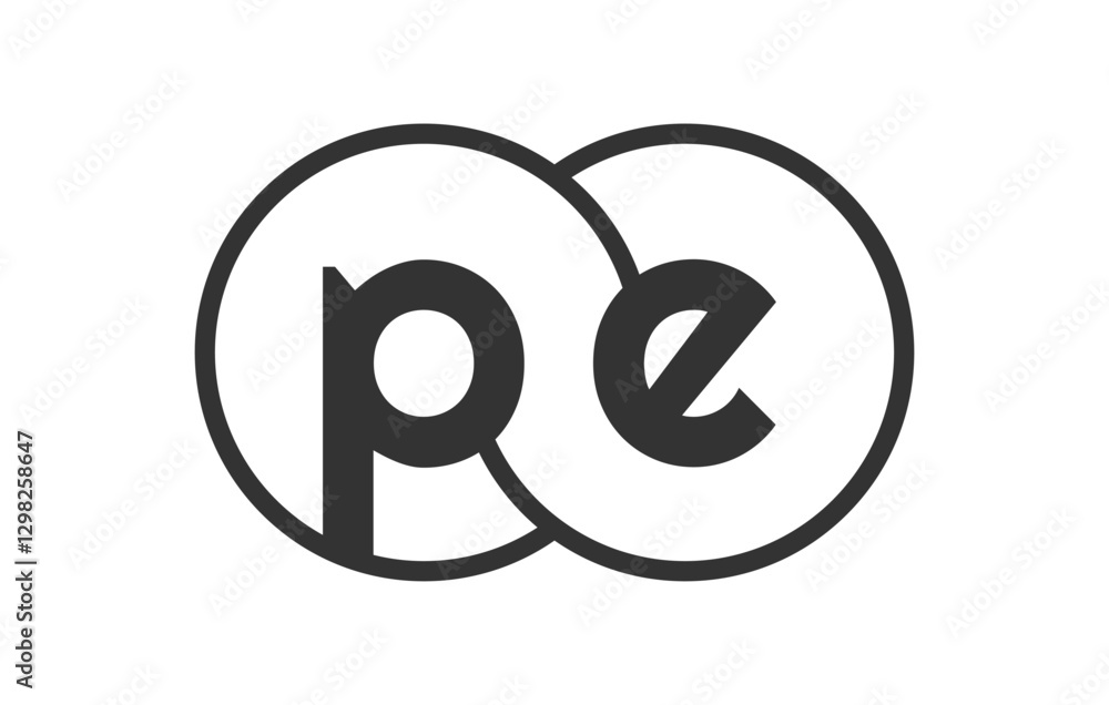 PE business company emblem with outline rounds and letters p e. Logo template of two merged circles for brand identity, logotype. Vector Infinity symbol PE business company emblem with outline rounds and letters p e. Logo template of two merged circles for brand identity, logotype. Vector Infinity symbol