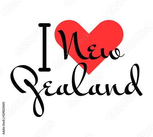 I love New Zealand. Hand drawn letters with red heart. Vector illustration, lettering in modern design