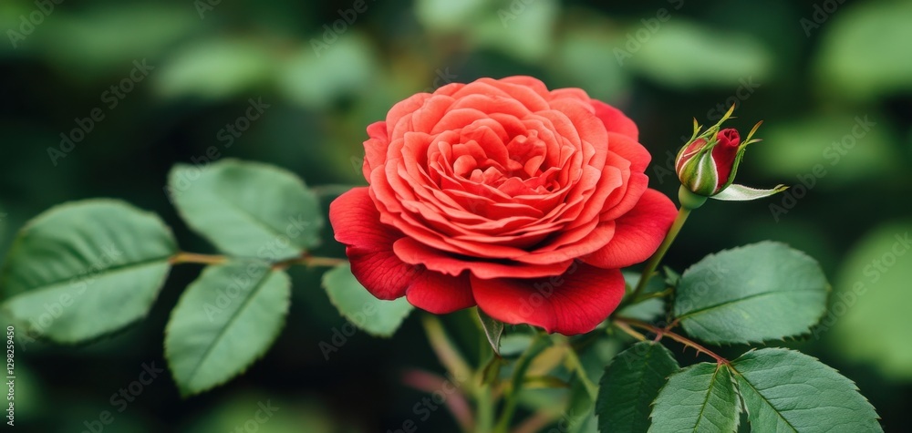 Obraz premium A vibrant red rose with lush green leaves, showcasing its delicate petals and budding flower.