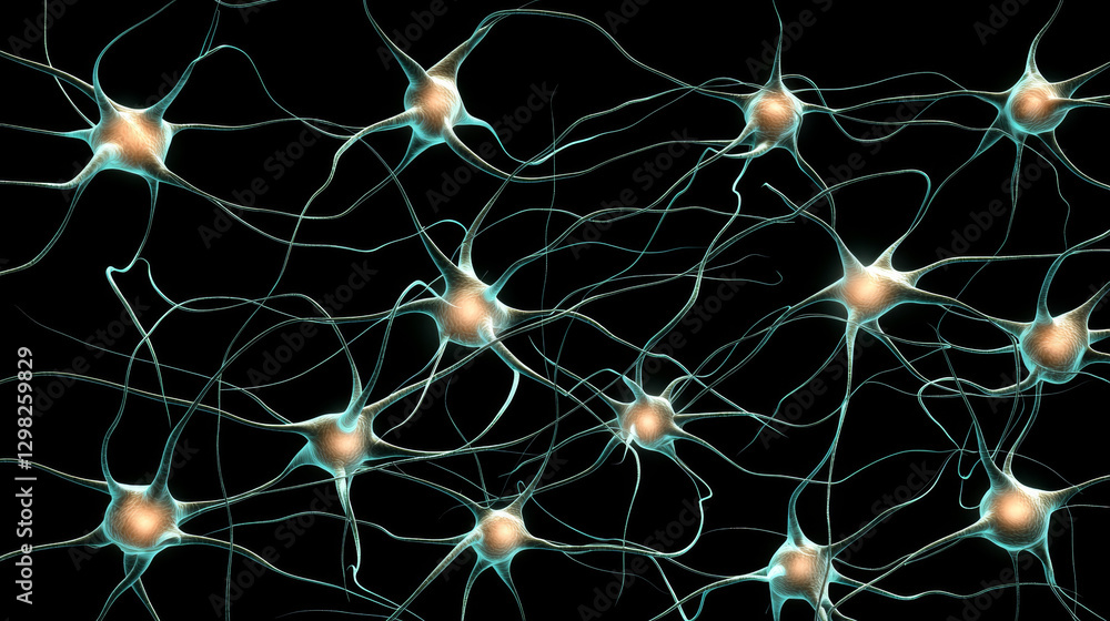 Neurons interconnected with glowing synapses on dark background Neurons interconnected with glowing synapses on dark background