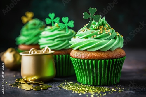 Wallpaper Mural Delicious St. Patrick's Day cupcakes with green frosting, gold pot, and shamrock glitter on a dark backdrop, perfect for holiday celebrations. Torontodigital.ca