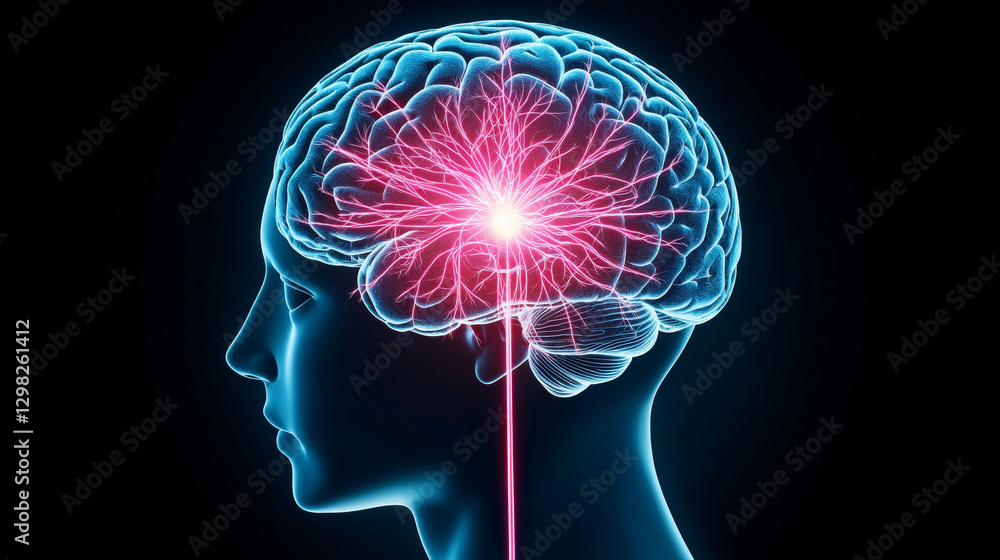 digital illustration of human brain with glowing neural connections and central light source