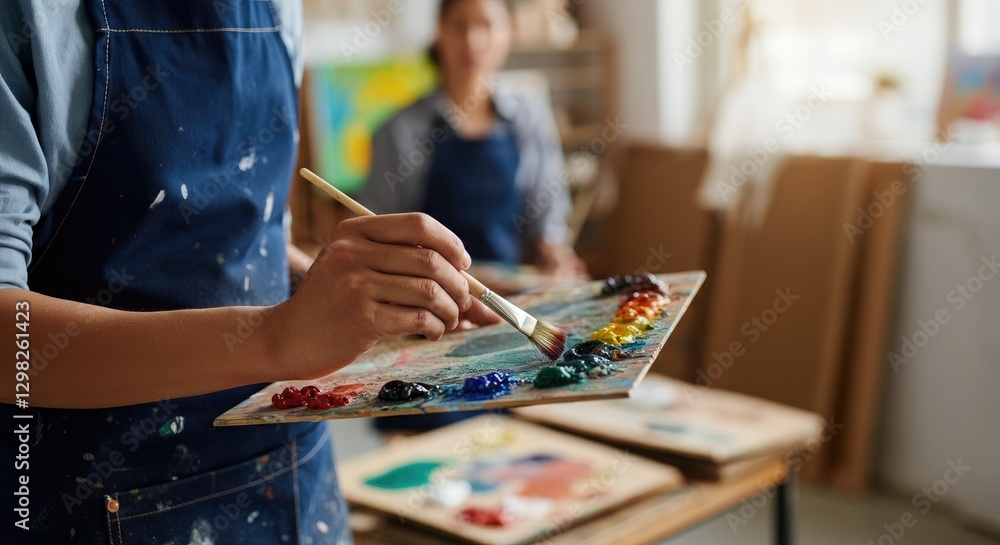 Fototapeta premium Person painting colorful artwork in studio, brush and palette focus
