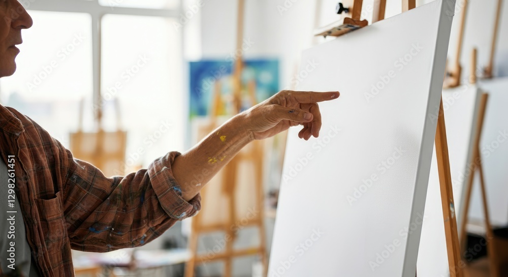 Obraz premium Person pointing towards blank canvas on easel in art studio
