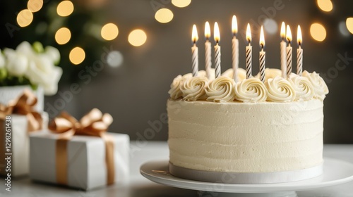 Elegant birthday cake with lit candles and festive decorations, perfect for celebration or party.