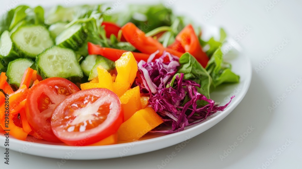 Fresh and Colorful Salad with Cucumbers, Tomatoes, Bell Peppers, and Leafy Greens on a White Plate Fresh and Colorful Salad with Cucumbers, Tomatoes, Bell Peppers, and Leafy Greens on a White Plate