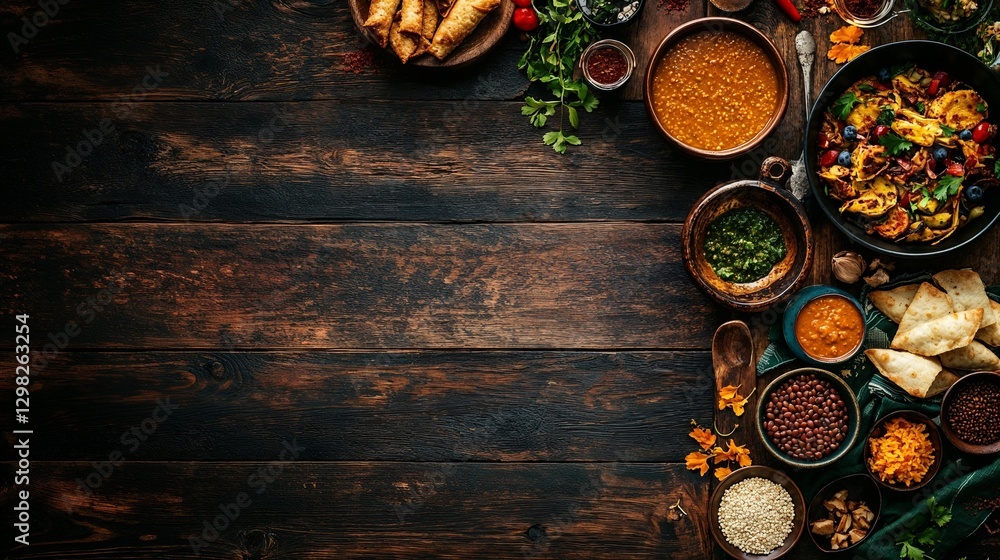 A rustic wooden table spread with a variety of traditional Ramadan foods like samosas, lentil soup, and fresh fruits, arranged around an empty center. A rustic wooden table spread with a variety of traditional Ramadan foods like samosas, lentil soup, and fresh fruits, arranged around an empty center.