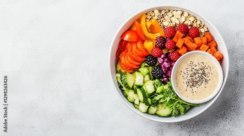 Colorful and Healthy Rainbow Salad Bowl with Fresh Fruits, Vegetables, and Creamy Dressing on Light Background Colorful and Healthy Rainbow Salad Bowl with Fresh Fruits, Vegetables, and Creamy Dressing on Light Background