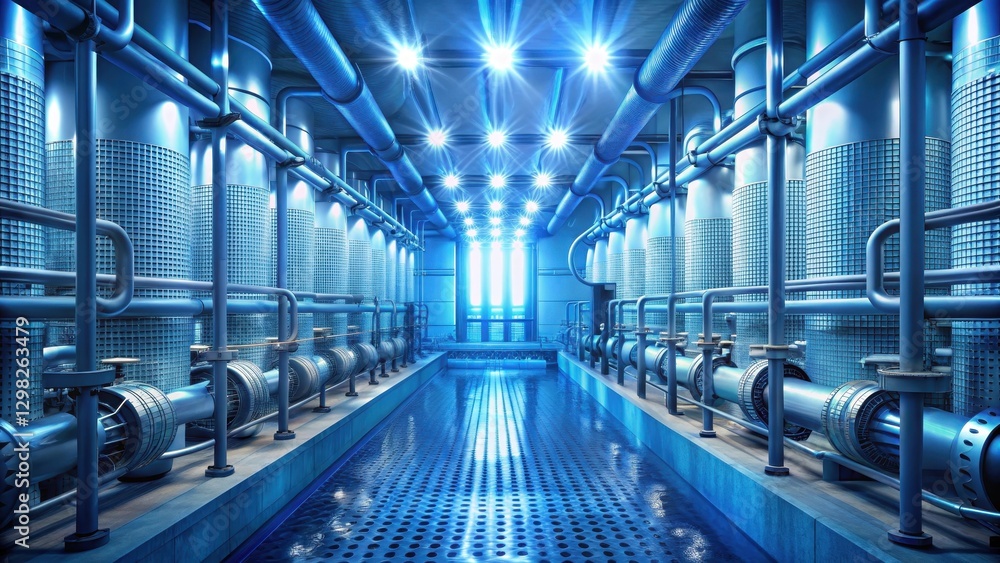 Naklejka premium Industrial Facility A Futuristic Processing Plant with Cylindrical Vessels and Extensive Piping System