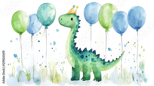 Fototapeta Naklejka Na Ścianę i Meble -  Watercolor Dinosaur with Party Hat and Balloons for Birthday Celebration
