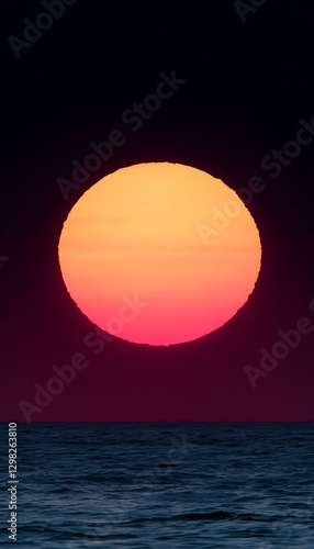 Sunset over ocean. Glowing sun sets behind the water. For vacation ads, travel blogs, or backgrounds