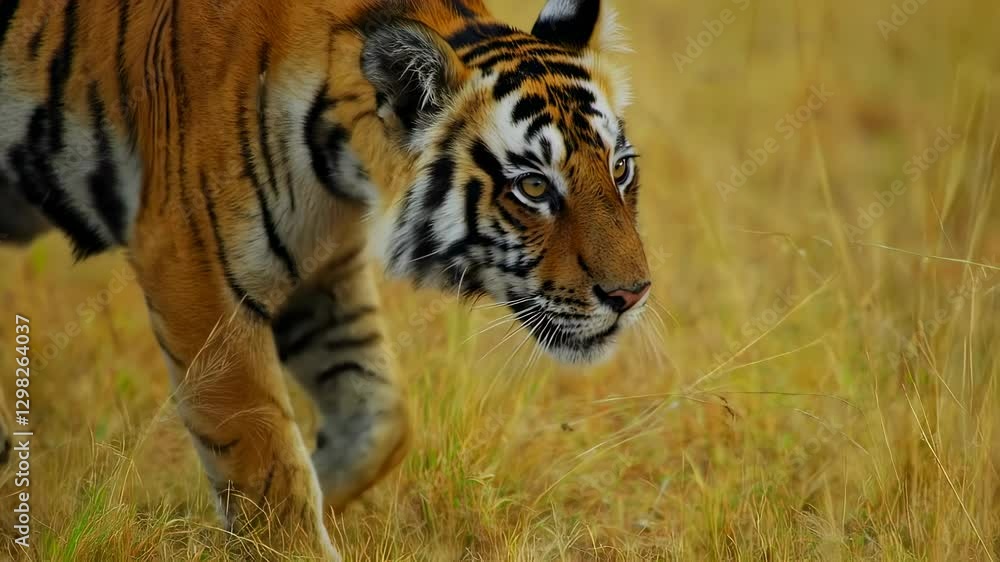 A fierce tiger moves cautiously through tall golden grass, its sharp gaze locked onto its surroundings in a hunting stance. A fierce tiger moves cautiously through tall golden grass, its sharp gaze locked onto its surroundings in a hunting stance.