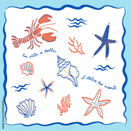 Sea vibe retro marine vector print. Sea shells, lobster, starfish, coral illustration.