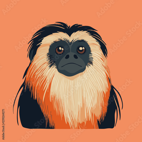 Illustrative portrait of a gibbon with striking orange and black fur, suitable for wildlife education or children's media.