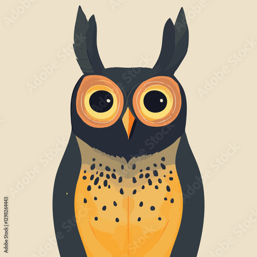 Stylized Owl Illustration: A vibrant owl with large eyes in yellow and black colors, perfect for educational or decorative use. photo