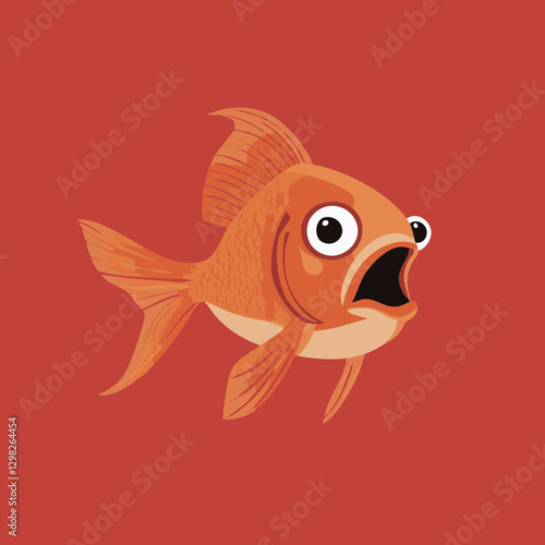 Cartoonish orange goldfish with exaggerated features on a vibrant red background, ideal for playful designs and illustrations.