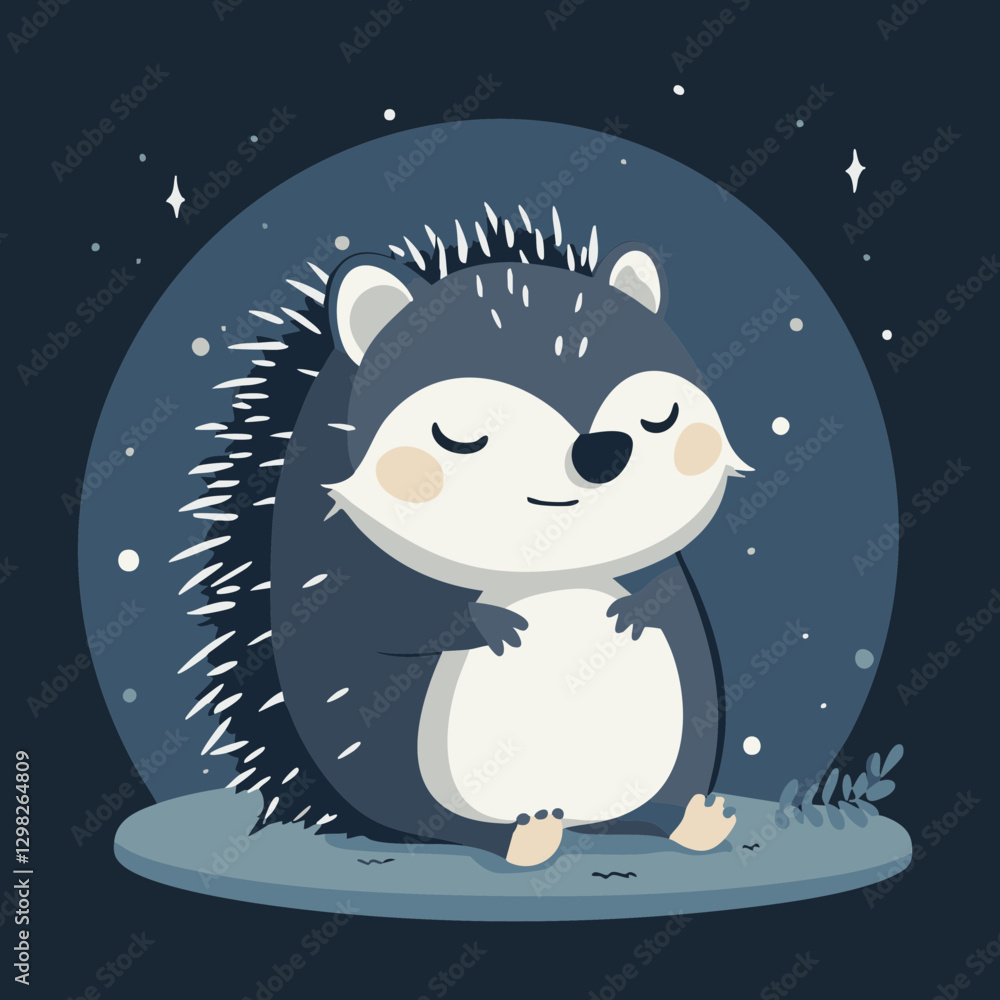 Fototapeta premium Cute Vector Hedgehog Relaxing in a Starry Night Scene – Perfect for Children’s Illustrations or Nature-Themed Designs
