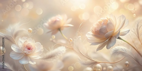 Serene Elegance Delicate White Blooms and Soft Feathers Adorned with Shimmering Pearls in a Gentle Light