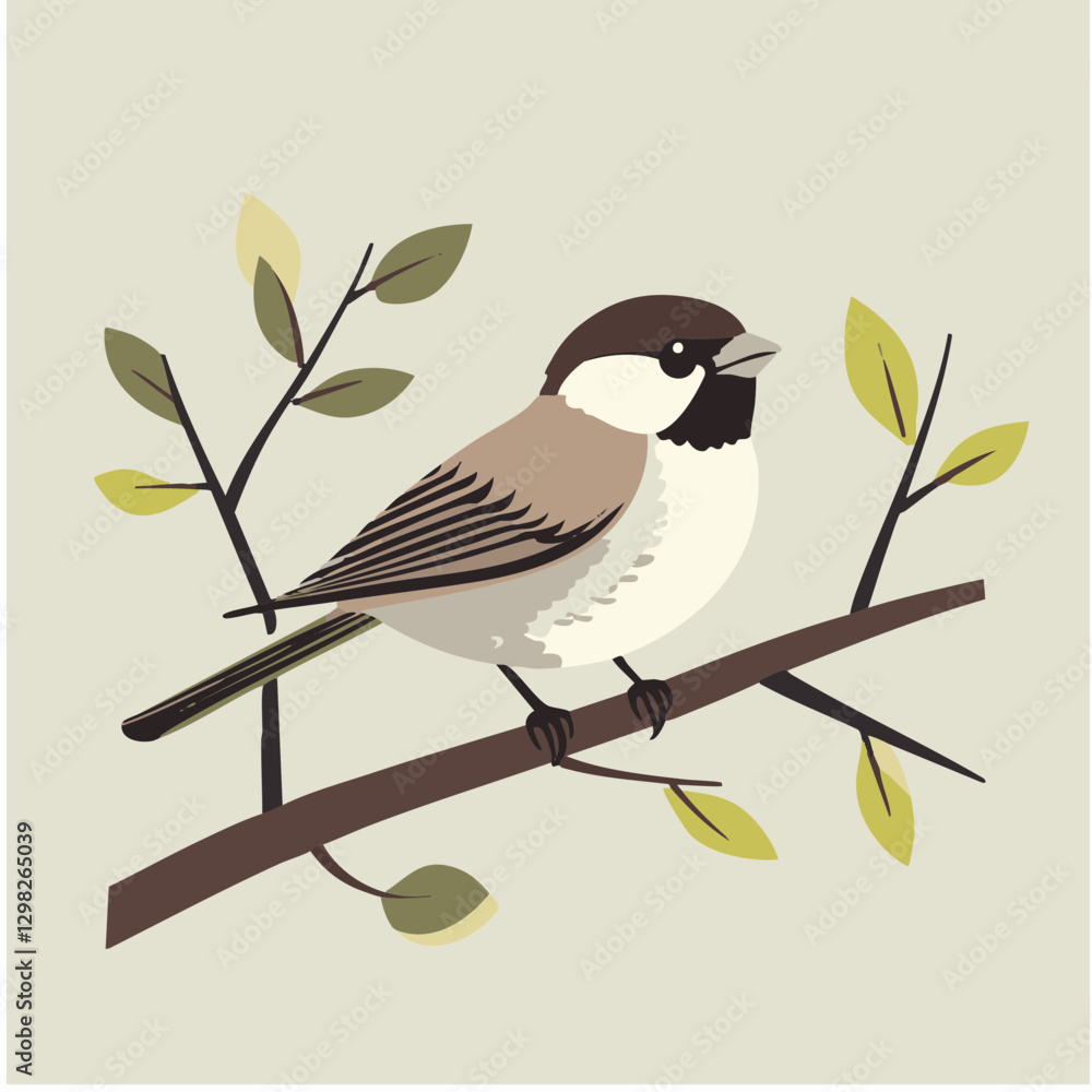 Vector illustration of a sparrow perched on a branch with green leaves, suitable for nature-related designs and projects. Vector illustration of a sparrow perched on a branch with green leaves, suitable for nature-related designs and projects.