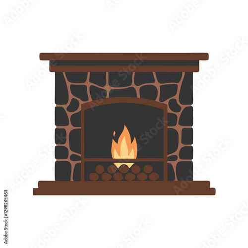Stone fireplace with burning firewood