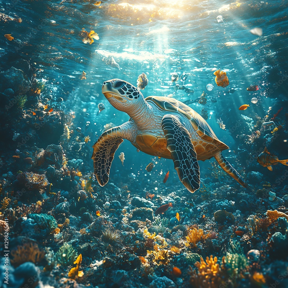 Obraz premium A breathtaking underwater scene where a massive net collects floating plastic waste, preventing pollution. Sea turtles and fish swim freely in crystal-clear water.