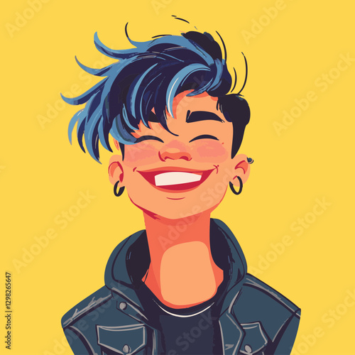 Vector illustration of a smiling person with stylish blue hair wearing a jacket, suitable for youth culture themes.