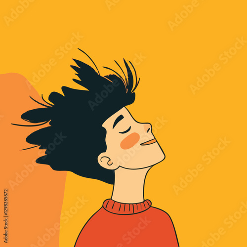 Vector illustration of a joyful person with tousled hair on a bright yellow background, perfect for lifestyle or wellness themes.