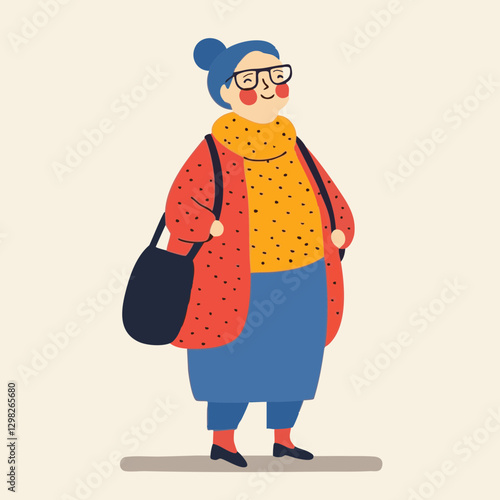 Vector illustration of a cheerful older woman in casual attire, featuring bright colors and playful patterns, suitable for lifestyle themes.