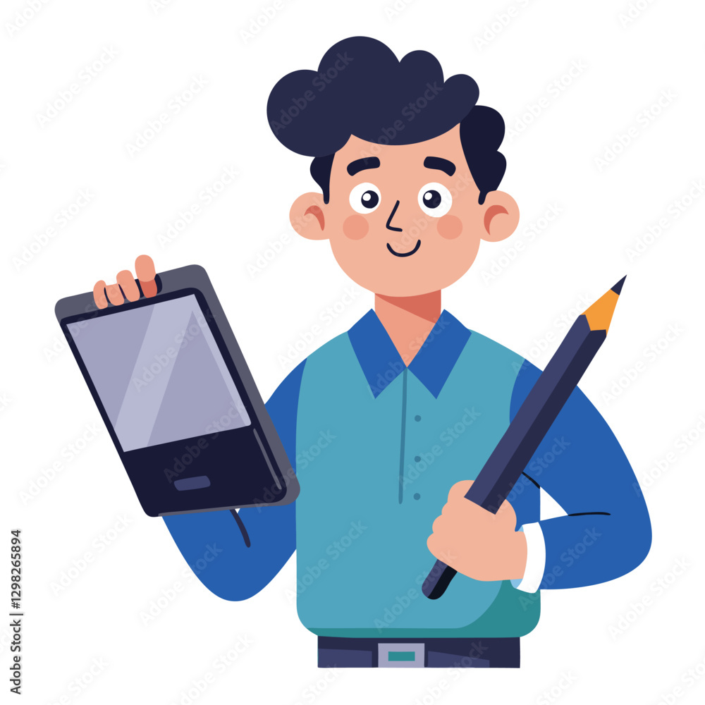 Digital art illustrator holding huge electronic pen, sketching and drawing. Professional illustrator. Flat modern illustration isolated vector image on white background Digital art illustrator holding huge electronic pen, sketching and drawing. Professional illustrator. Flat modern illustration isolated vector image on white background
