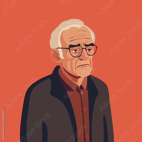 Vector illustration of a pensive elderly man with glasses, featuring soft lines and warm tones, suitable for emotional storytelling.