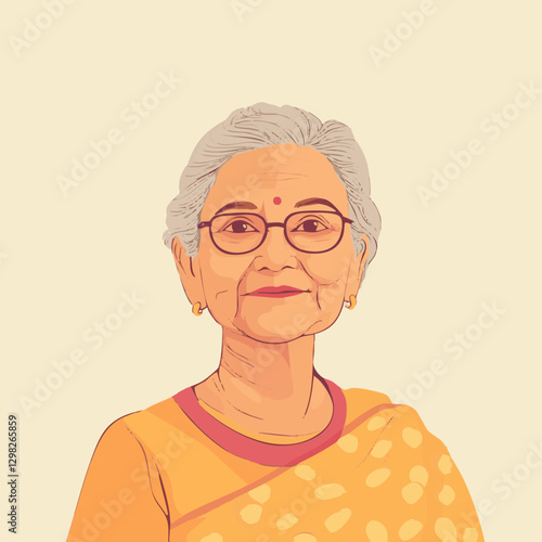 Vector illustration of an elderly woman in a vibrant orange sari, showcasing grace and wisdom for cultural projects.