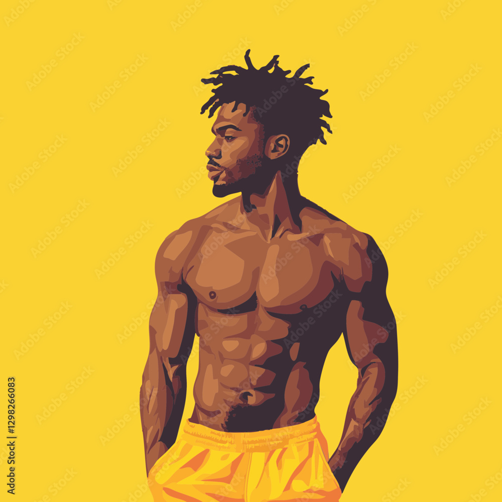 Fototapeta premium Vector Illustration of a Muscular Man in Profile Against a Bright Yellow Background, Perfect for Fitness and Lifestyle Themes