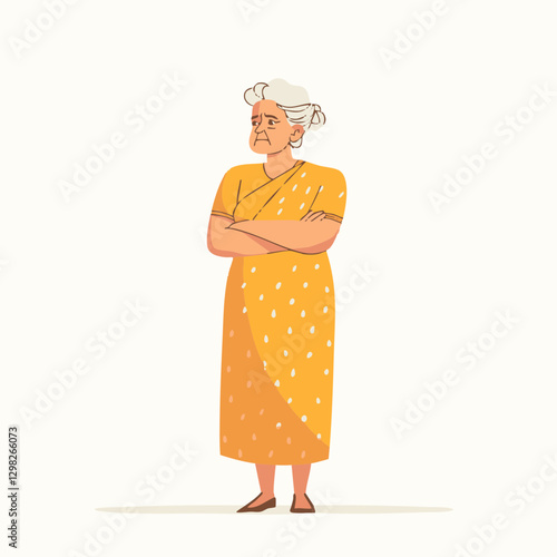 Vector illustration of a mature woman in a yellow saree, standing confidently with arms crossed, ideal for cultural themes