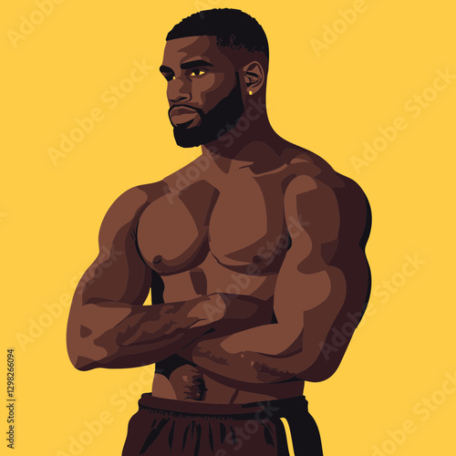 Vector illustration of a muscular man with arms crossed against a vibrant yellow background, ideal for fitness and lifestyle themes.